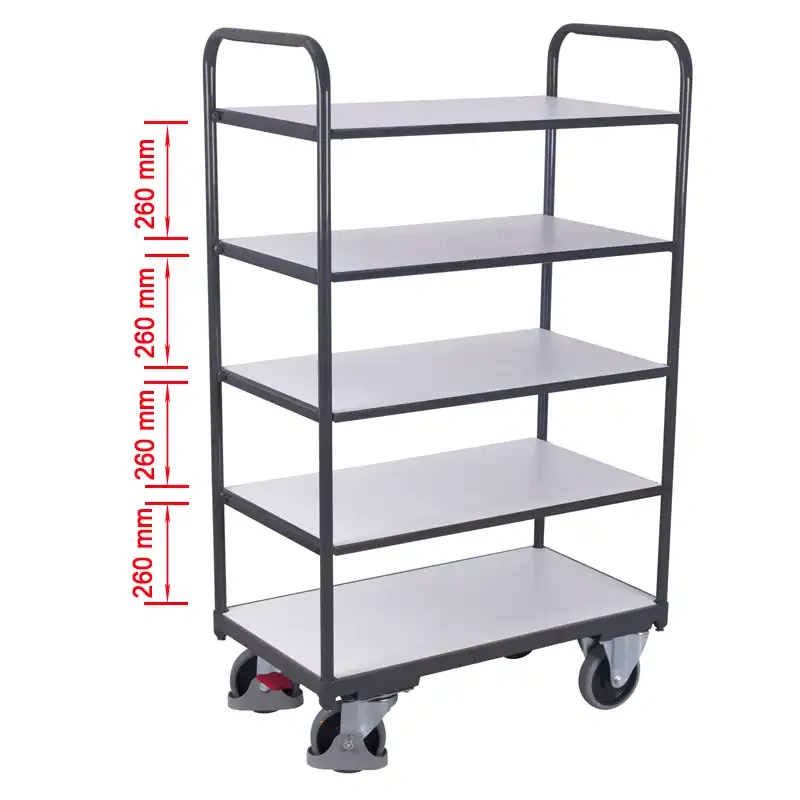 ESD antistatický policový vozík sw-500.259 VARIOFIT, 5 políc - 4 prestaviteľné, 850 x 500 mm, 250 kg