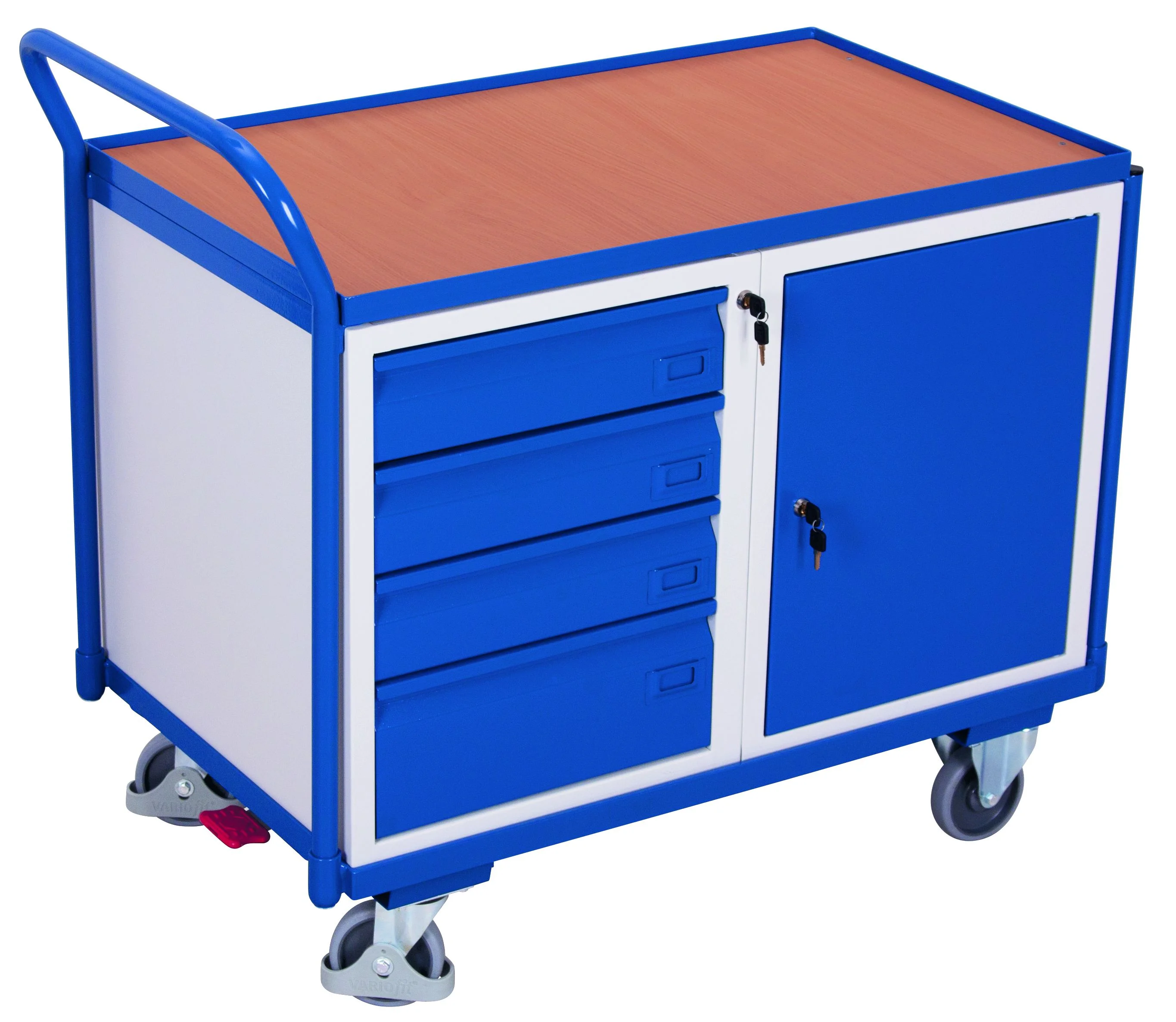 Dielenský policový vozík so skrinkou a zásuvkami sw-600.606 VARIOFIT, 985 x 590 mm, 250 kg