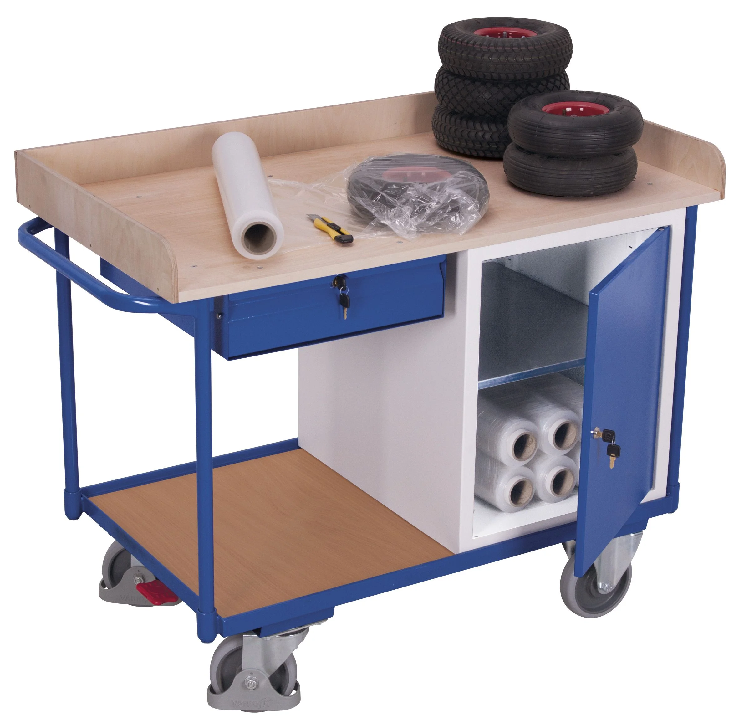 Dielenský policový vozík so skrinkou a zásuvkami sw-600.611 VARIOFIT, 1125 x 630 mm, 400 kg