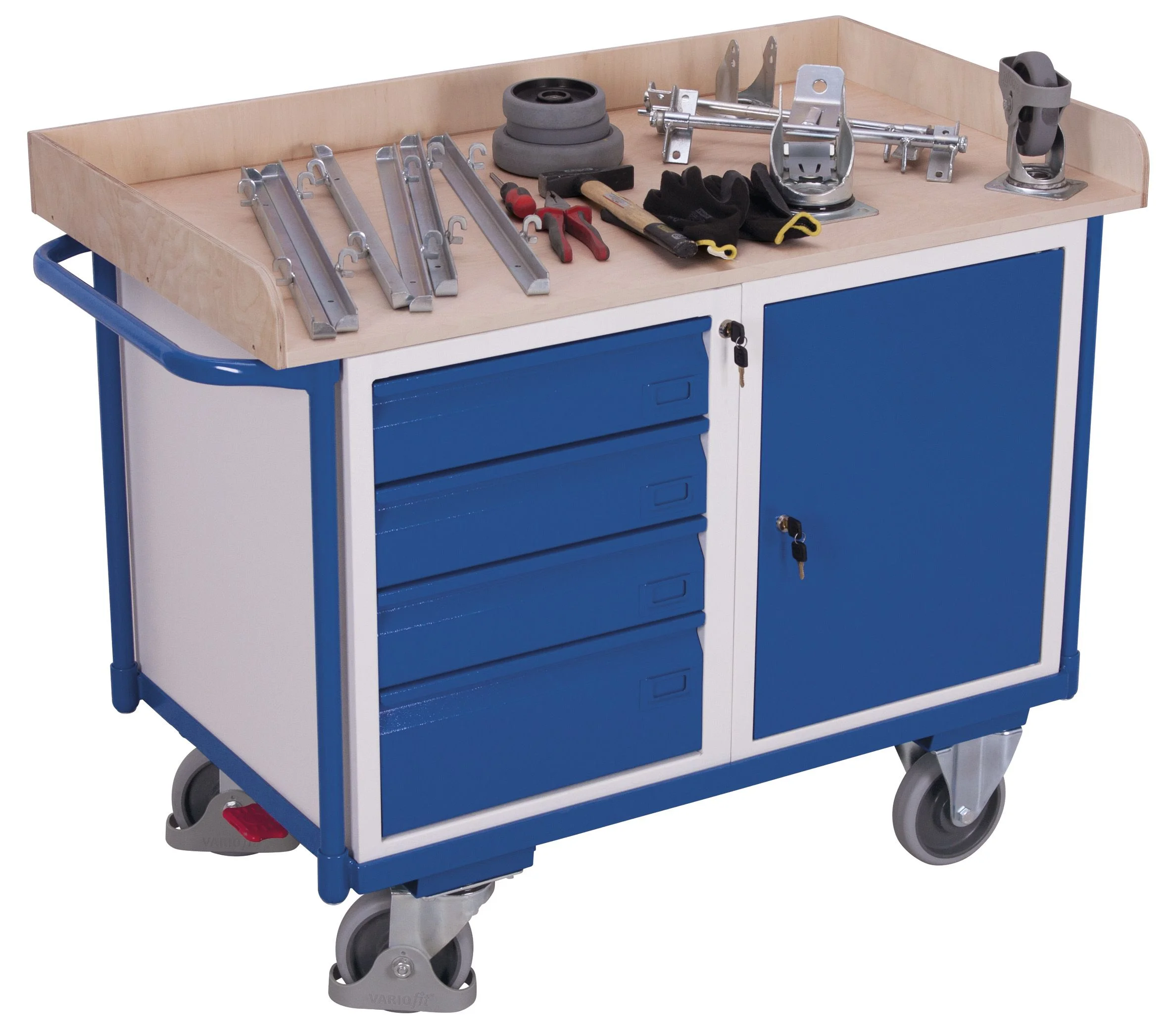 Dielenský policový vozík so skrinkou a zásuvkami sw-600.613 VARIOFIT, 1125 x 630 mm, 400 kg