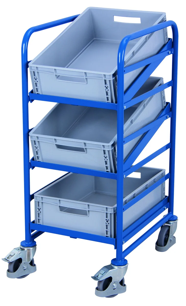 Etážový vozík na EURO prepravky, 3 police, vrátane 3 EURO prepraviek, sw-610.102 VARIOFIT, 410 x 610 mm, 200 kg