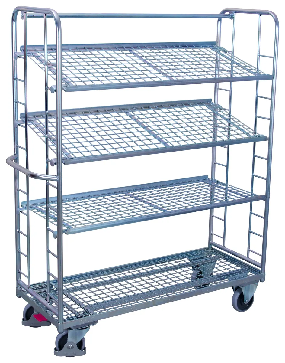 Etážový vozík s naklápateľnými policami zo sieťoviny pozinkovaný sw-640.218 VARIOFIT, 1650 x 650 mm, 400 kg