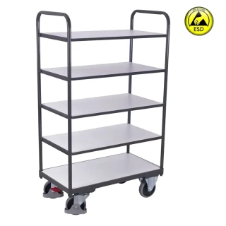 ESD antistatický policový vozík sw-800.259 VARIOFIT, 5 políc - 4 prestaviteľné, 1200 x 800 mm, 250 kg