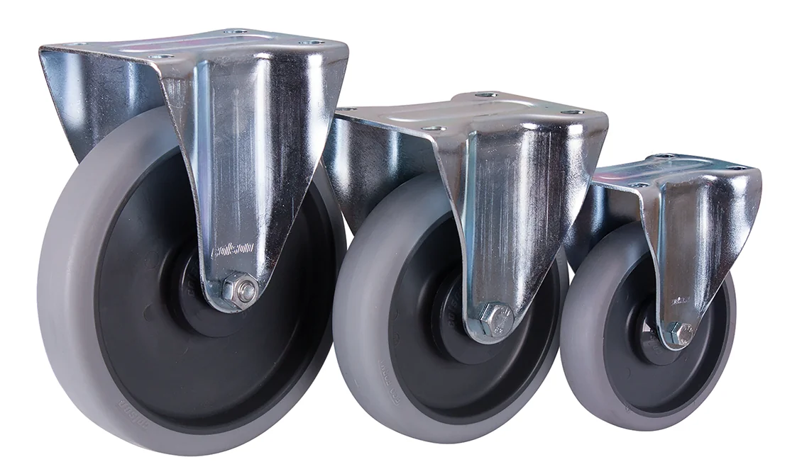Pevné koleso 125 × 30 mm - sivá termoplastická guma VARIOfit bpg-125.050 - detail vyhotovenia a rámu